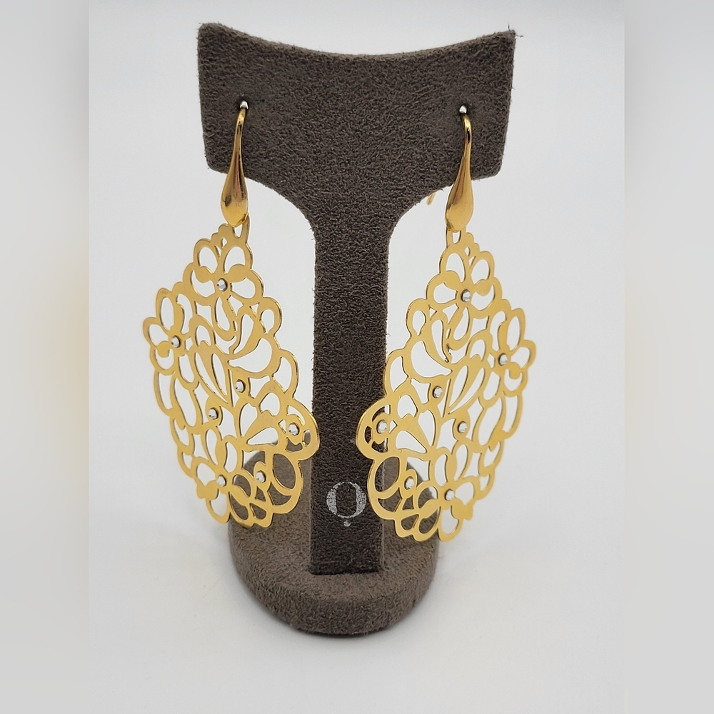 Bronze Milor Italy Gold tone Italian Floral Open work Crystal Dangle earrings